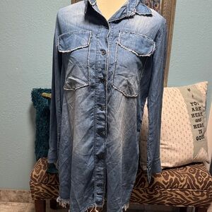 Denim Long Sleeve Shirt with Frayed Hem